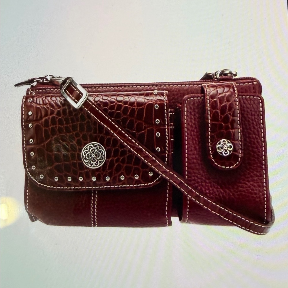 Brighton Burgundy Leather Clutch with Silver Accents